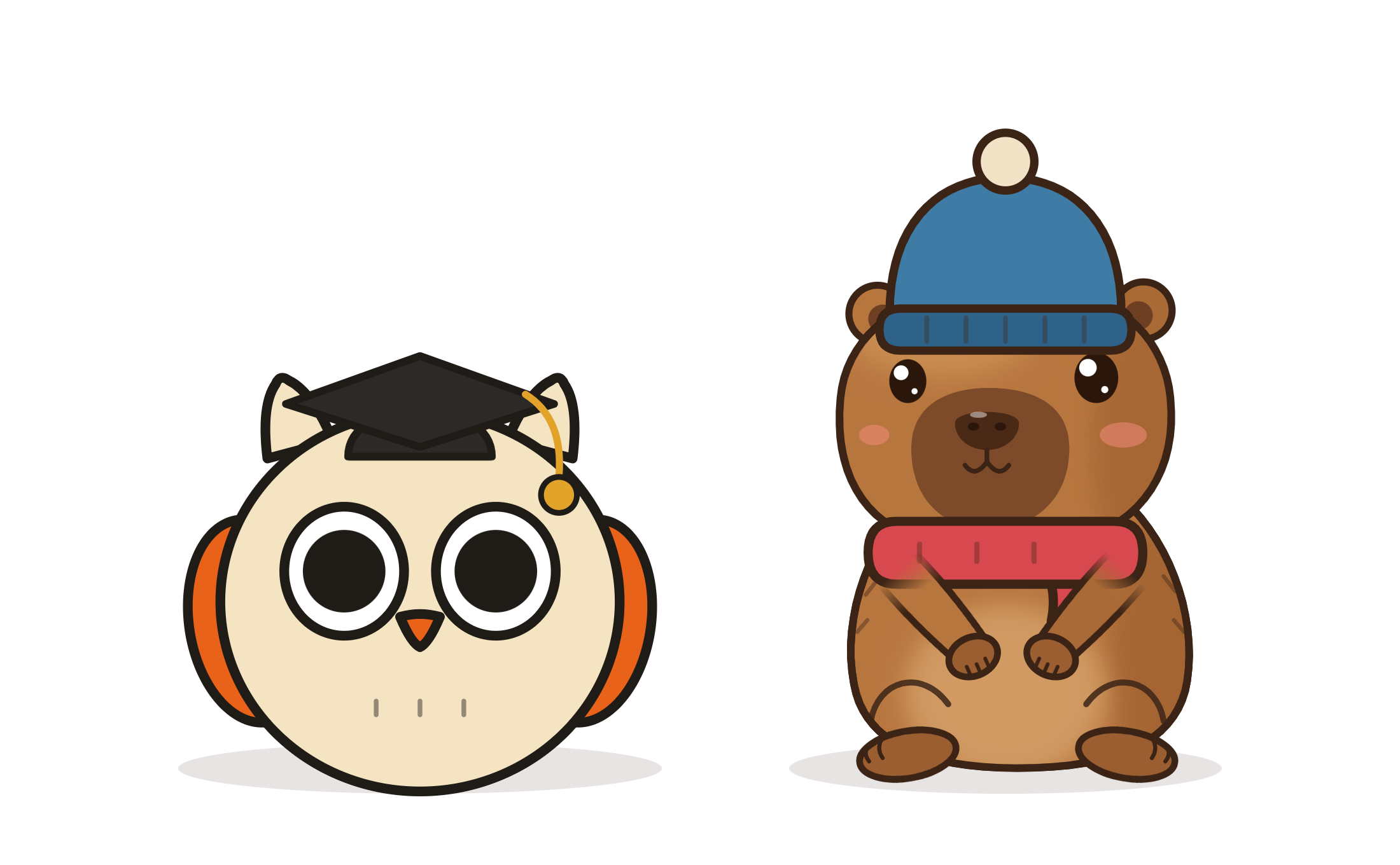Sebs the owl in a graduation cap and Kiwi the capybara in a beanie and scarf, side by side.